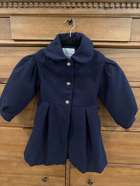 Janie and Jack Navy Pleated Pea Coat with Puff Sleeves